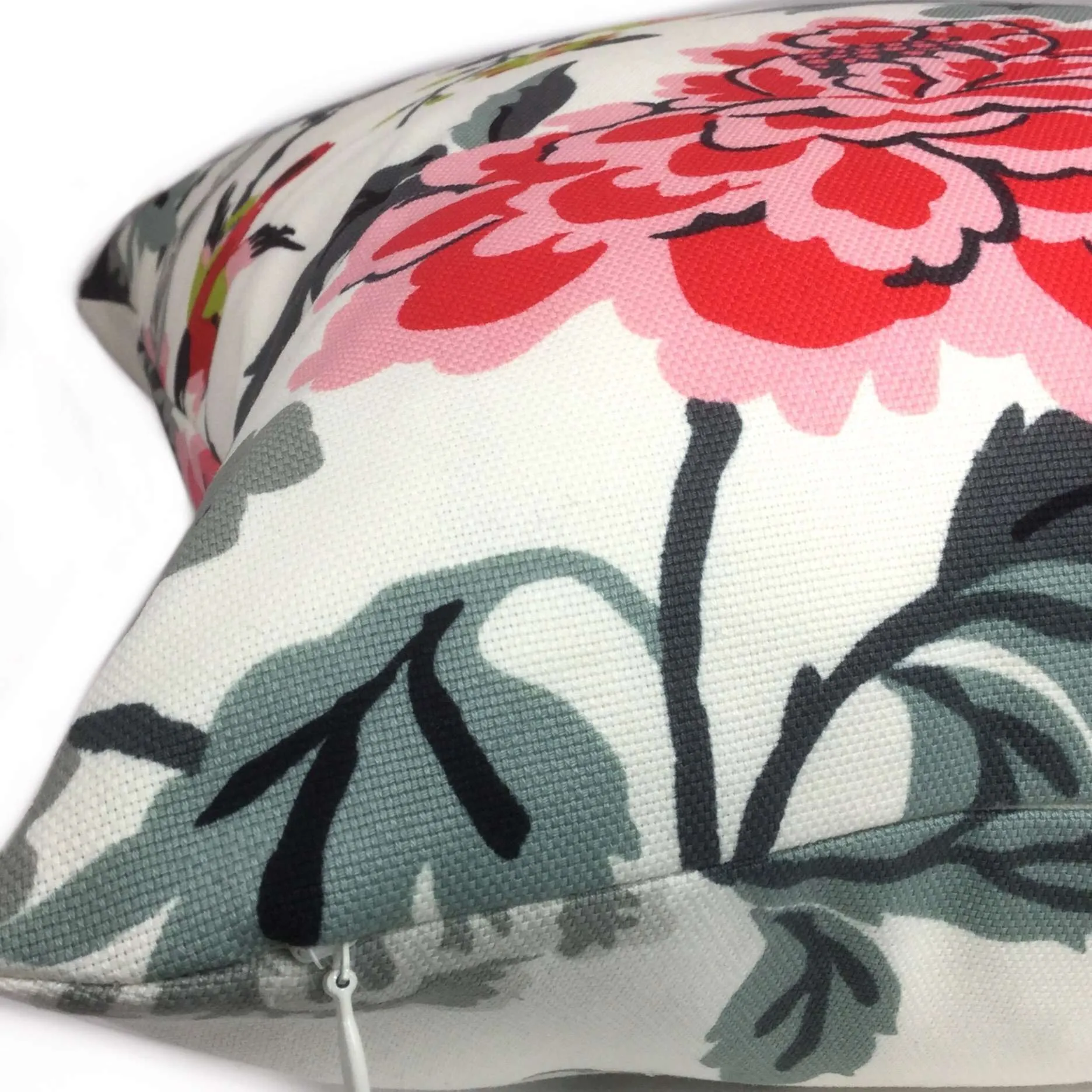 Chloe I Pink Gray Chartreuse Cream Floral Birds Cotton Print Pillow Cover