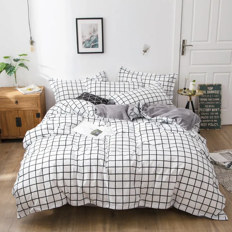 Classic Black White Grid Bedding Set Fashion Single Double Bed Linens Cover Quilt Pillowcase for Girl Boy Home Textile