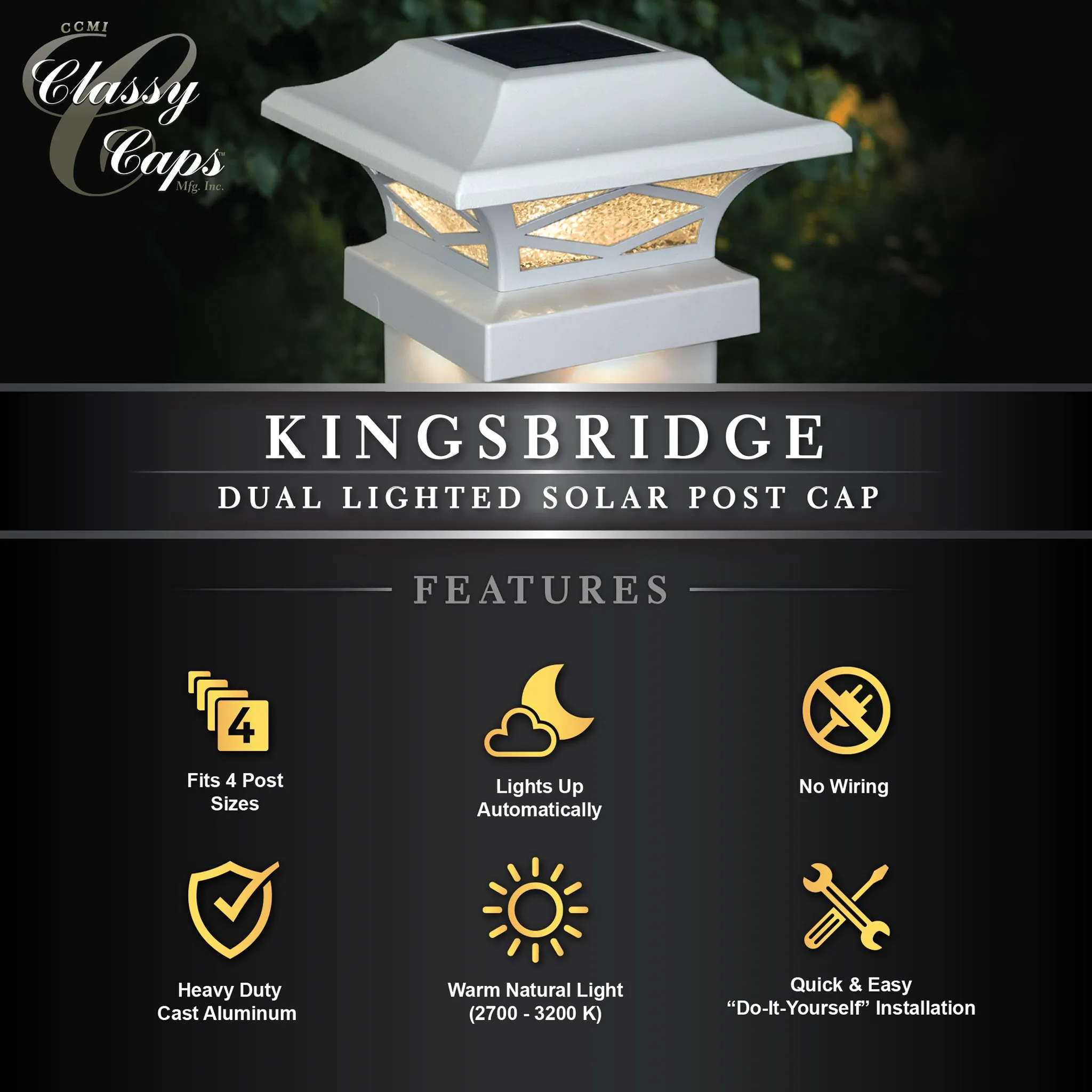 Classy Caps Kingsbridge White Dual Lighted Solar Post Cap SLK807W