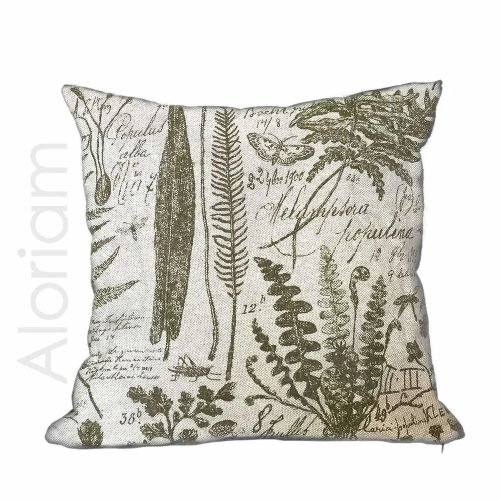 (CLEARANCE) Botanical Botany Drawings Textbook Beige Green Toile Print Pillow Cover (Solid backside)