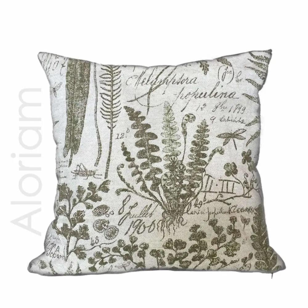 (CLEARANCE) Botanical Botany Drawings Textbook Beige Green Toile Print Pillow Cover (Solid backside)