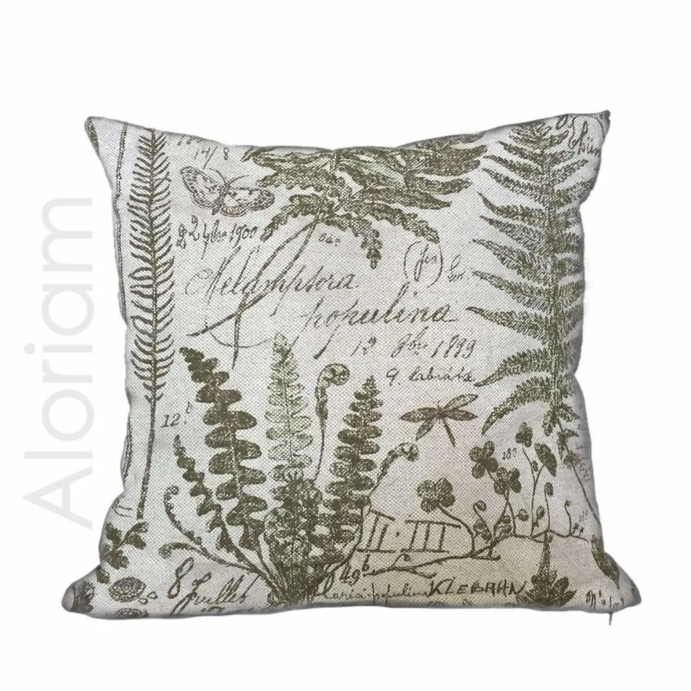 (CLEARANCE) Botanical Botany Drawings Textbook Beige Green Toile Print Pillow Cover (Solid backside)