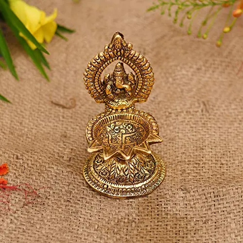 Collectible India Metal Ganesha Design Decorative Diya (Golden, 4.5 X 2 X 2 Inch)