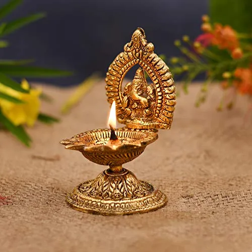 Collectible India Metal Ganesha Design Decorative Diya (Golden, 4.5 X 2 X 2 Inch)