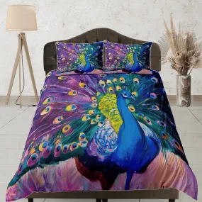 Colorful peacock decor aesthetic bedding set full, luxury duvet cover queen, king, boho duvet, designer bedding, maximalist purple bedspread