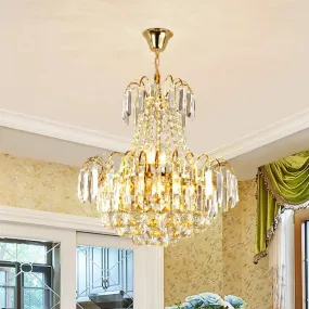 Contemporary Crystal Chandelier with 6 Gold Lights - Flute Conic Pendulum Design