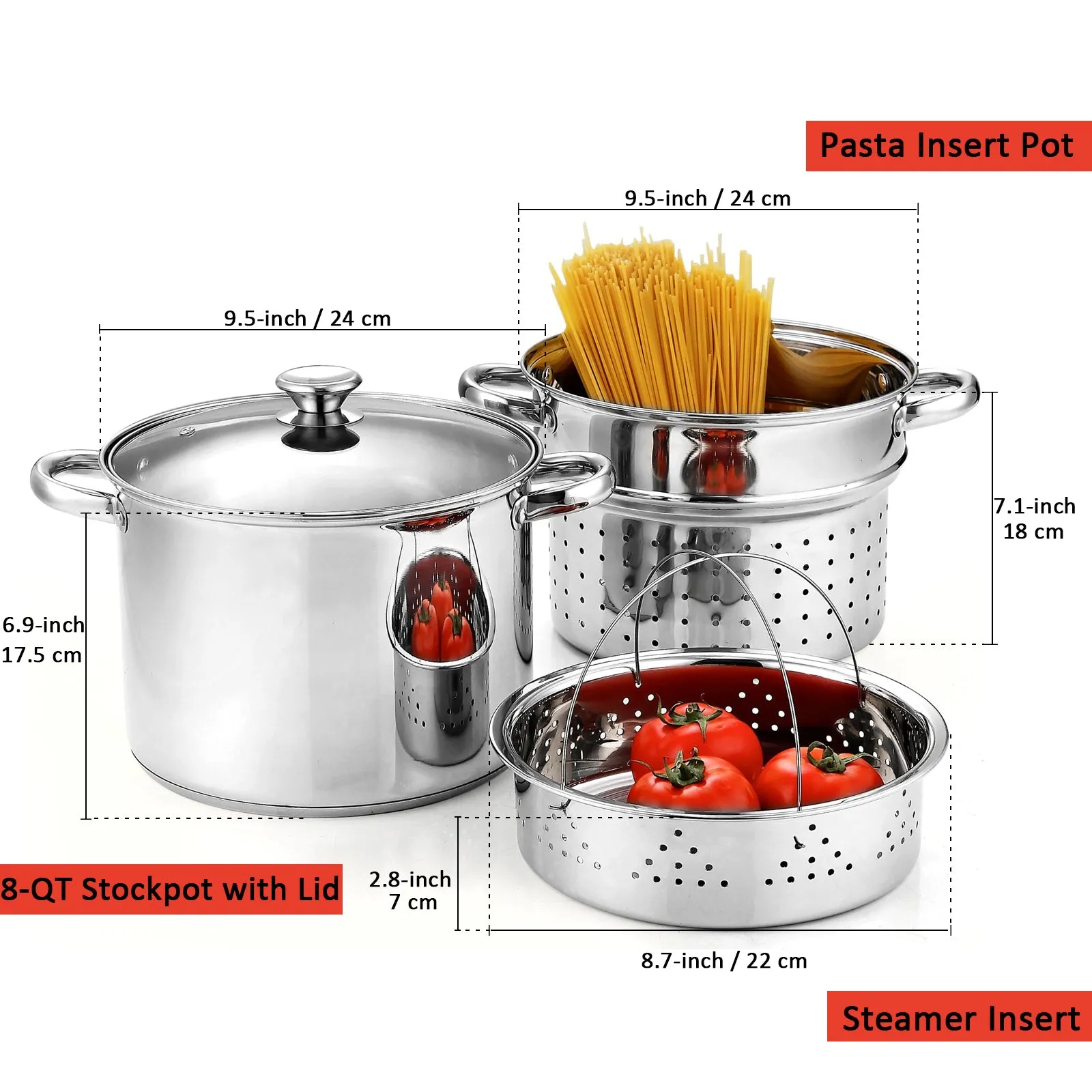 Cook N Home Pasta Pot with Strainer Lid 8-Quart, Stainless Steel Pasta Cooker Steamer Multipots, 4-Piece