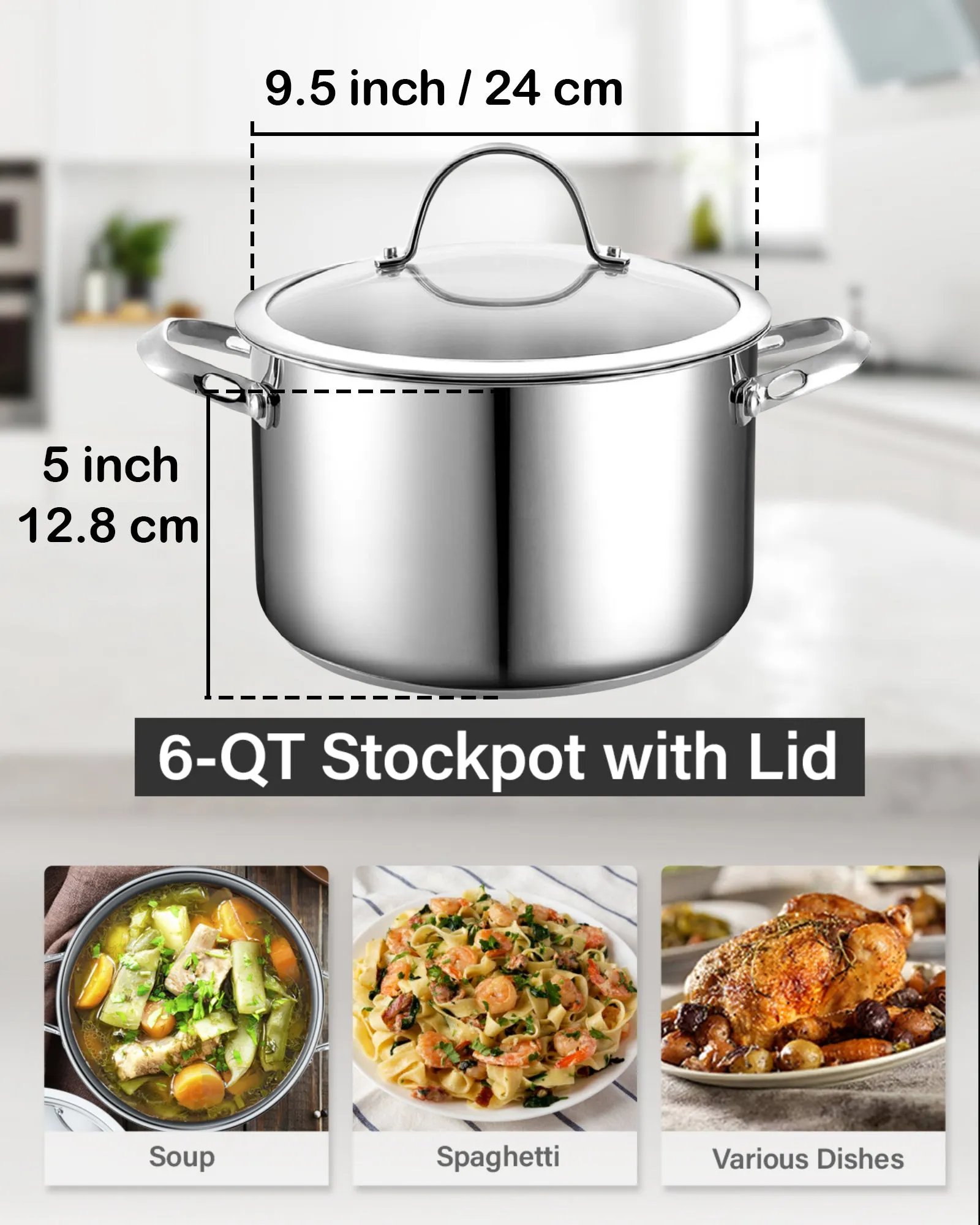 Cooks Standard Dutch Oven Casserole with Glass Lid, 6-Quart Classic Stainless Steel Stockpot, Silver