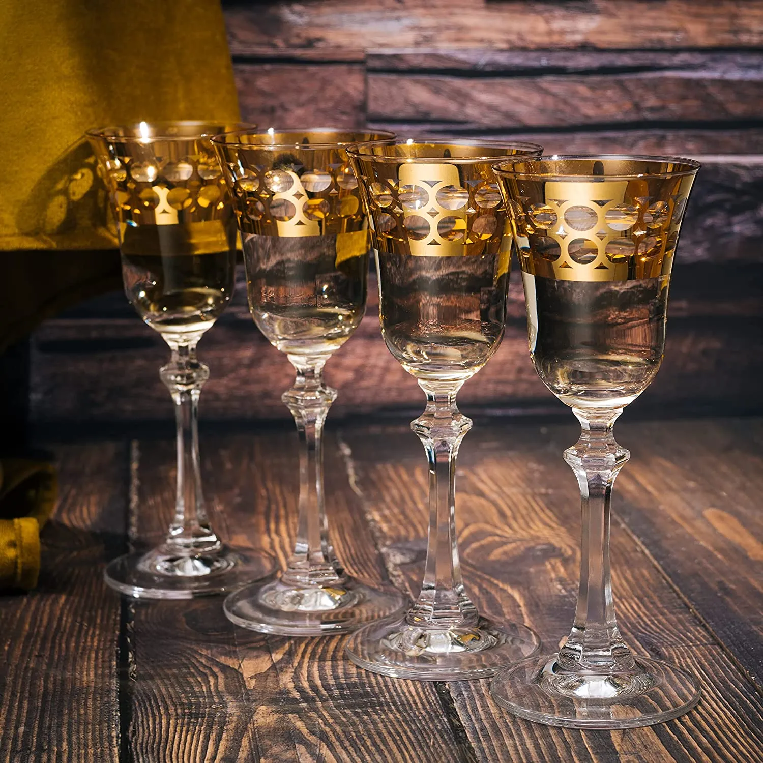 Crystal Gold Italian Design Red Wine Glasses Double-Row Gold -Set of 4