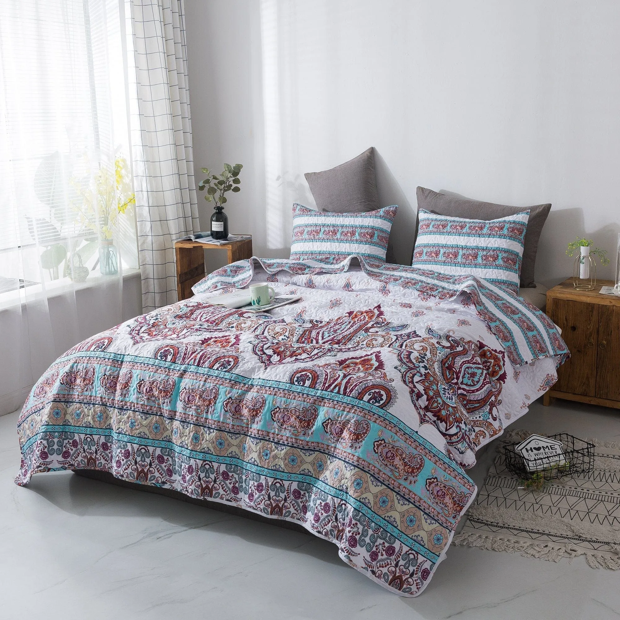 DaDa Bedding Bohemian Summertime White Blue Floral Paisley Bedspread Set (KSX-003)