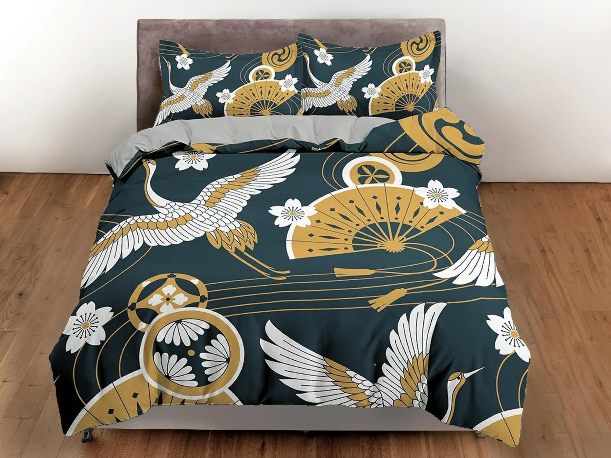 Dark green oriental duvet cover set, crane bird, fan and cherry blossom floral printed Japanese style bedding, king, queen, full, twin