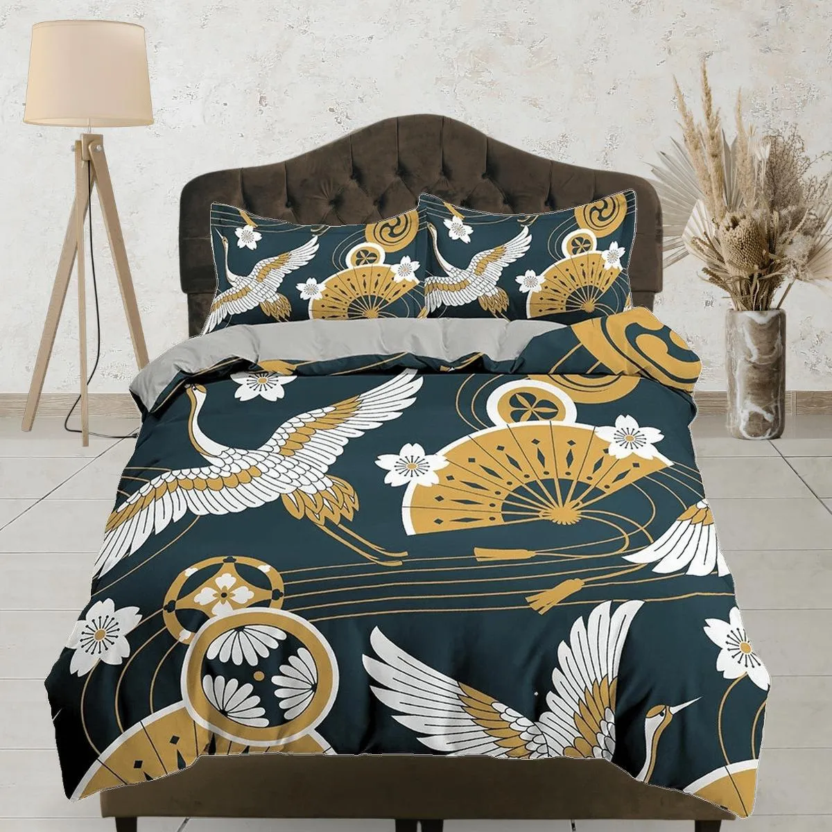 Dark green oriental duvet cover set, crane bird, fan and cherry blossom floral printed Japanese style bedding, king, queen, full, twin