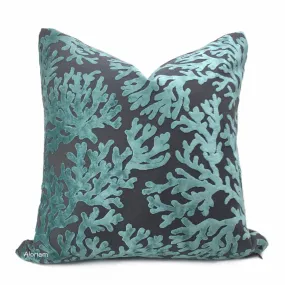 Del Mar Aquamarine Gray Coral Reef Velvet Pillow Cover (Fabric by the Yard available)