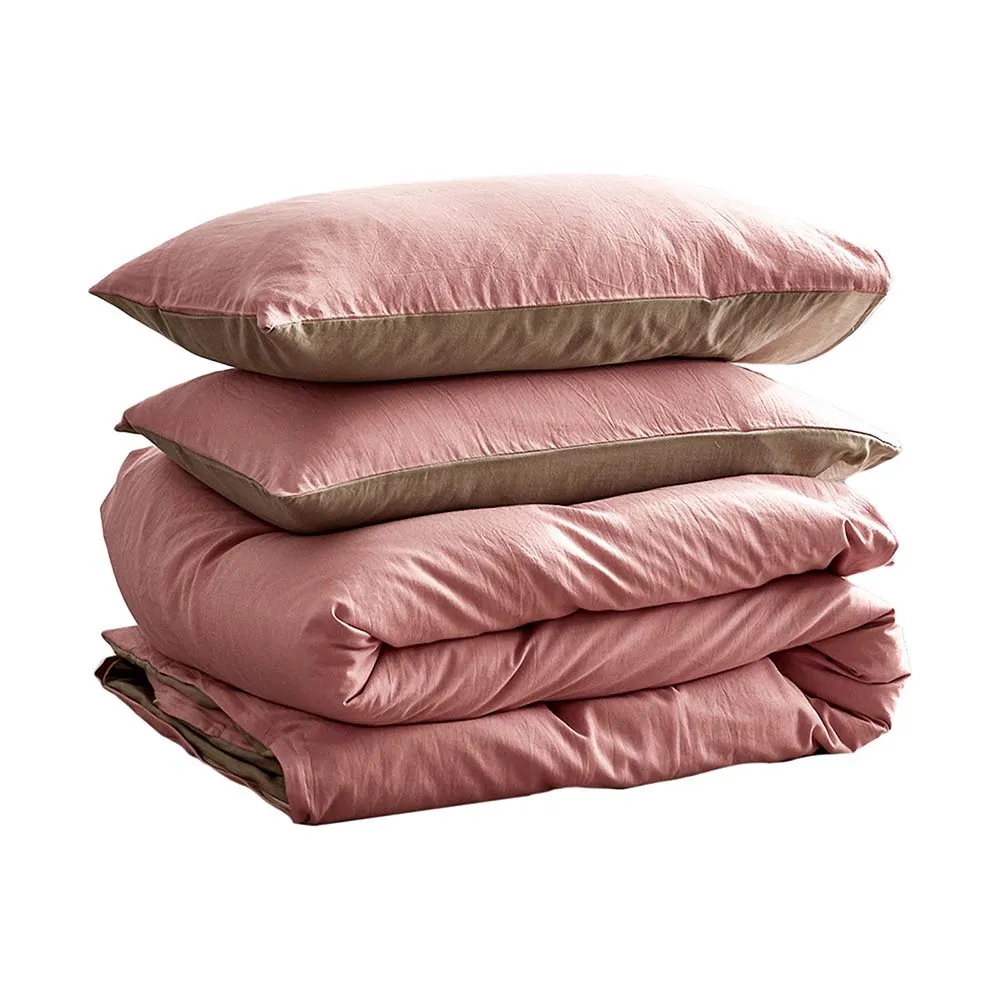 Deluxe Washed Cotton Quilt Set Pink Brown Single