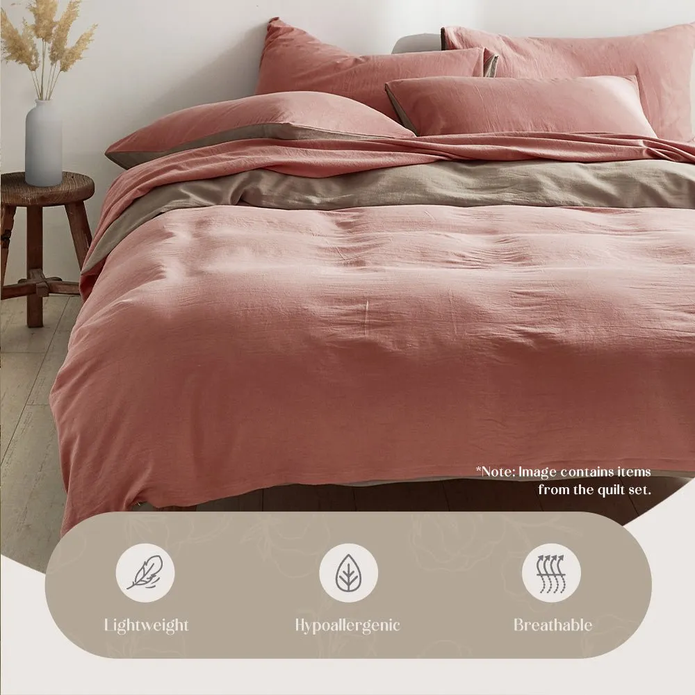 Deluxe Washed Cotton Quilt Set Pink Brown Single