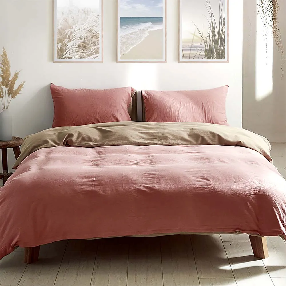 Deluxe Washed Cotton Quilt Set Pink Brown Single