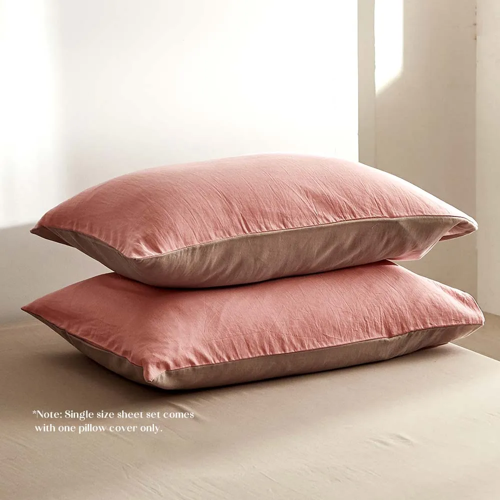 Deluxe Washed Cotton Sheet Set Pink Brown Queen