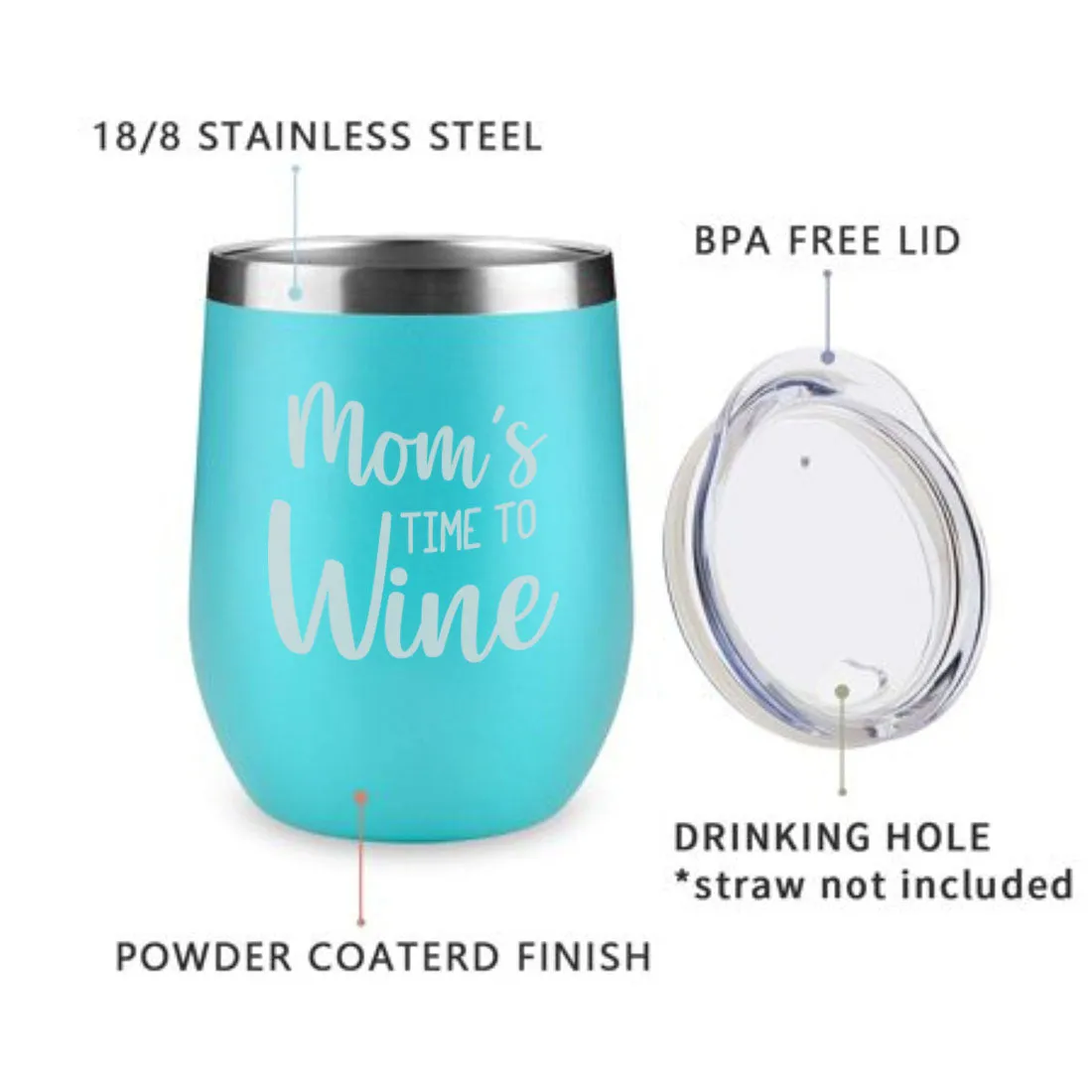 Designer Steel Travel Coffee Flask Mug With Lid Gift for Mothers Day Gifts - Mom's Time To Wine