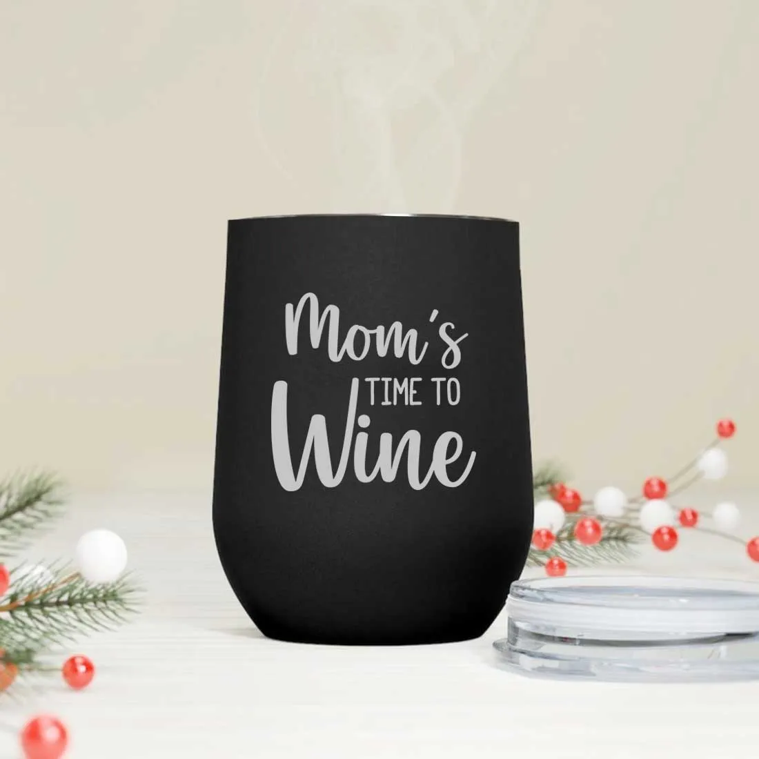 Designer Steel Travel Coffee Flask Mug With Lid Gift for Mothers Day Gifts - Mom's Time To Wine