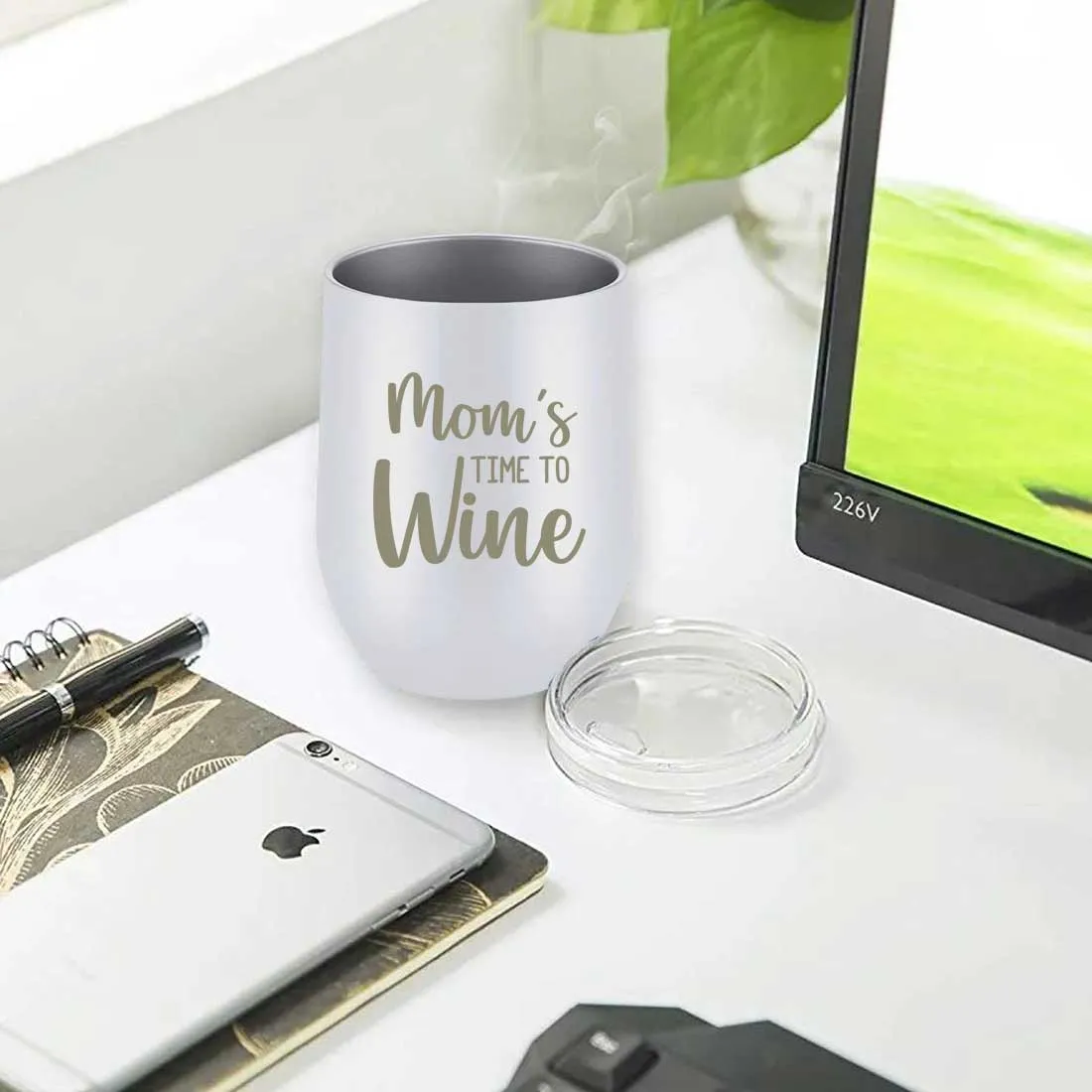 Designer Steel Travel Coffee Flask Mug With Lid Gift for Mothers Day Gifts - Mom's Time To Wine