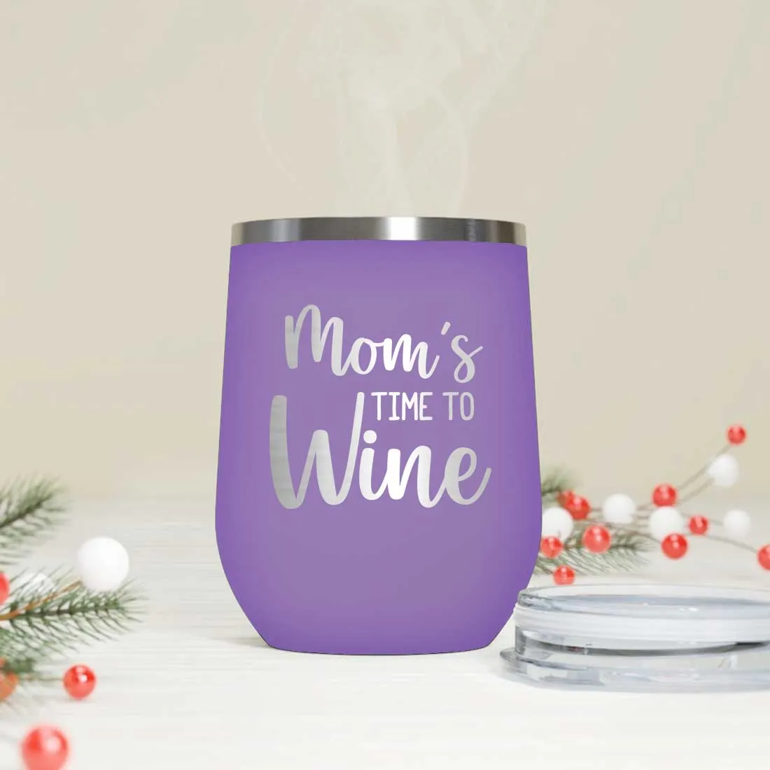 Designer Steel Travel Coffee Flask Mug With Lid Gift for Mothers Day Gifts - Mom's Time To Wine