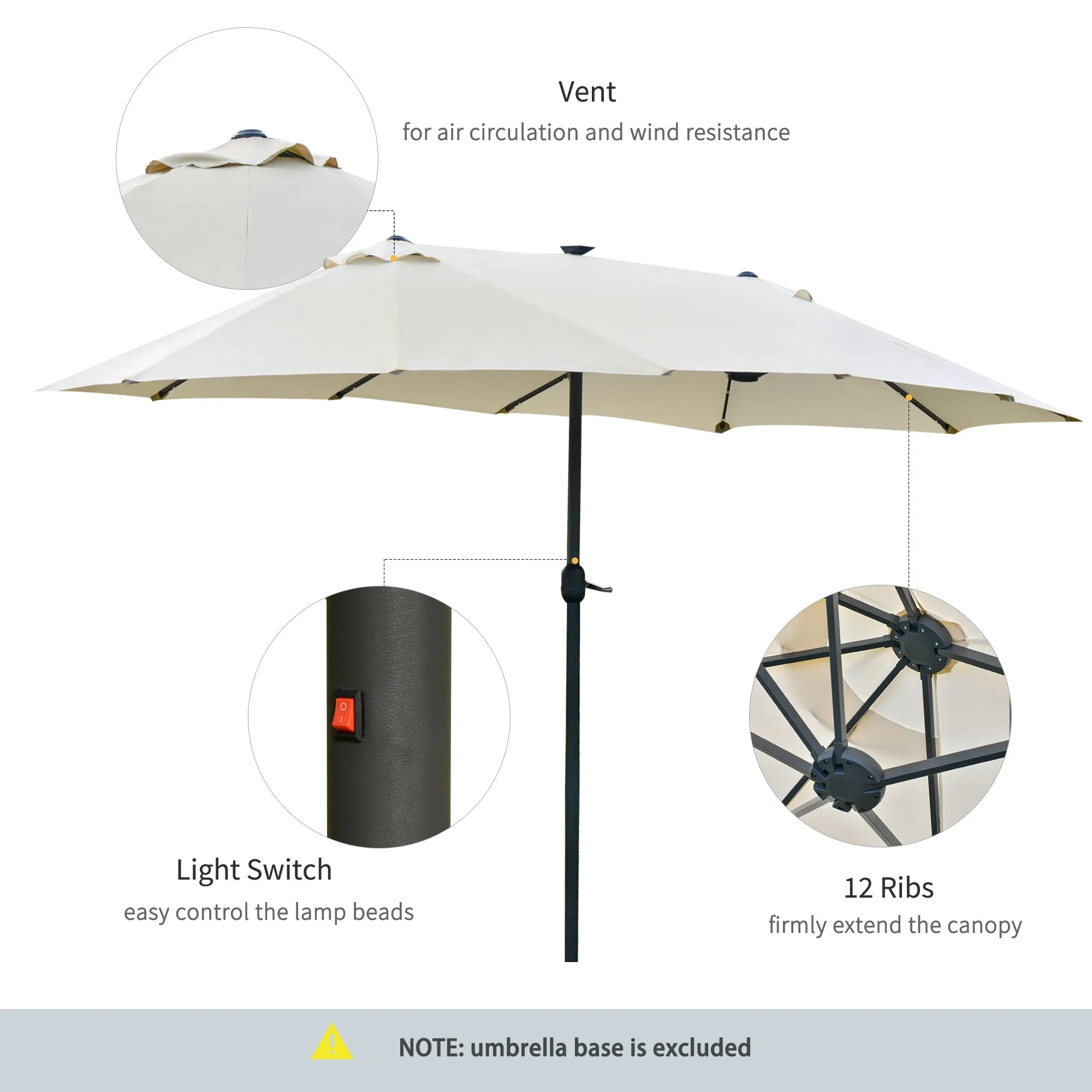 Double-Sided Umbrella - Features solar-powered LED beads on the ribs (Cream)