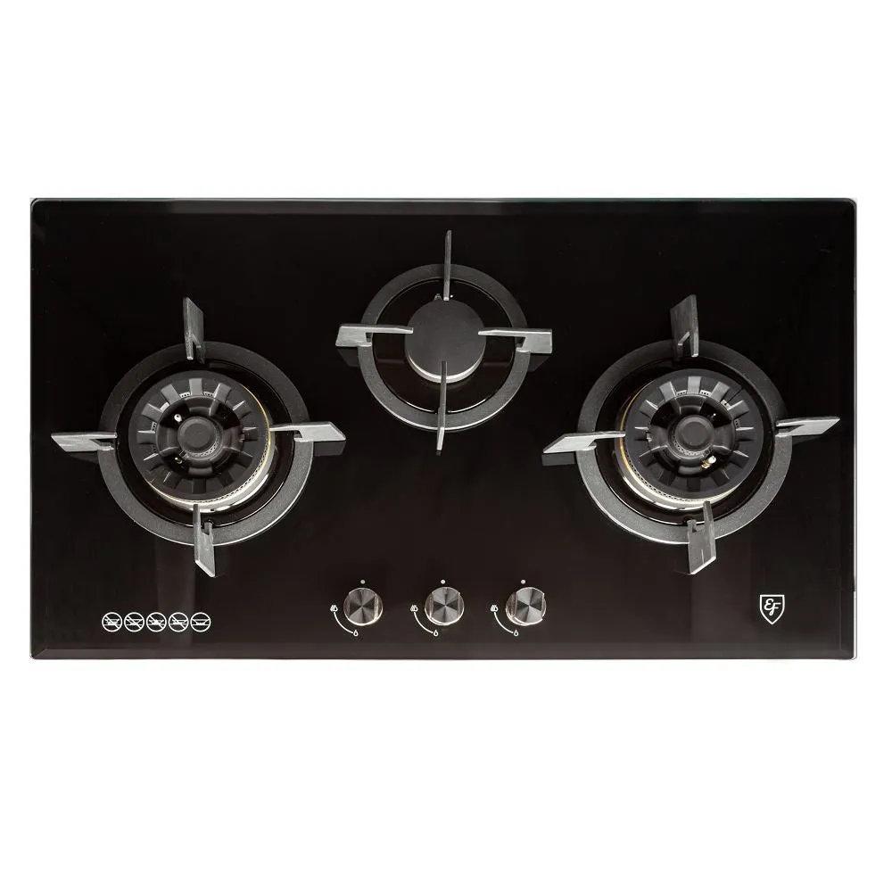 EF EFH 9733 WT VGB 3 BURNER BLACK TEMPERED GLASS GAS HOB