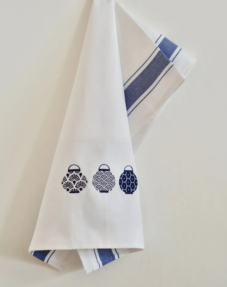 Embroidered Trio Lanterns Tea Towel by Zest of Asia, Blue