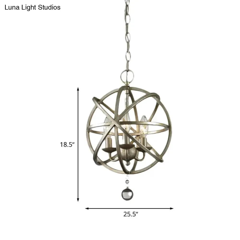 Farmhouse Style Iron Kitchen Chandelier Pendant Light - Orb Caged Design, 3 Lights, Pewter Finish with Crystal Decoration