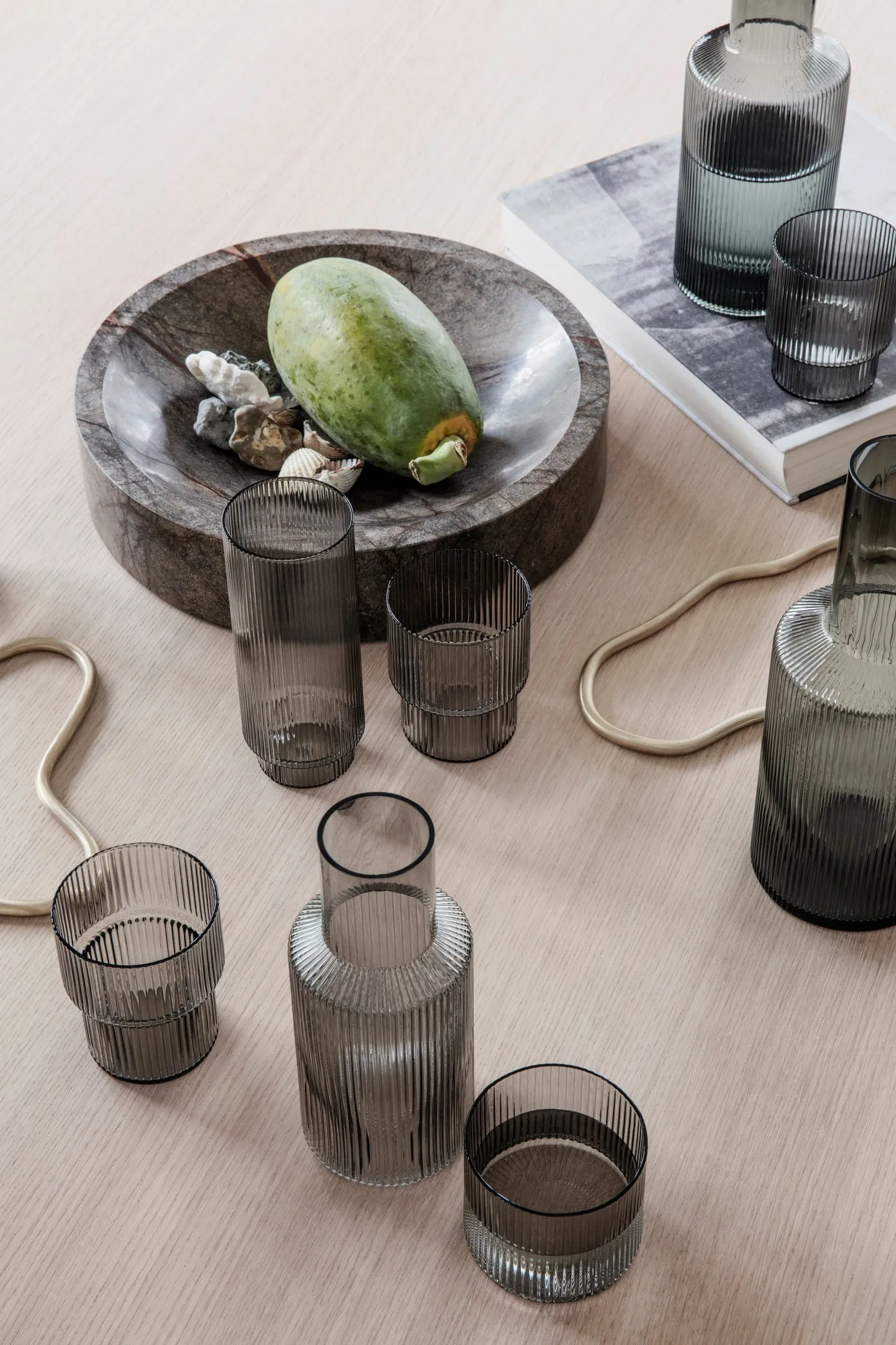 ferm Living Ripple Small Carafe & Glass Set in Smoked Grey