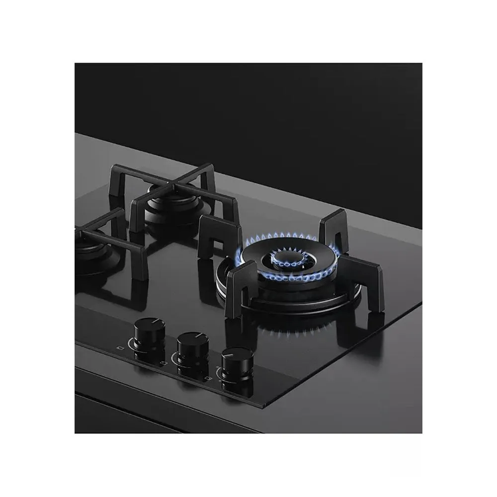 Fisher & Paykel CG603DNGGB4 Gas on Glass Hob, 3 Burners Two Dual Wok Burners, 60cm Wide- Black Glass