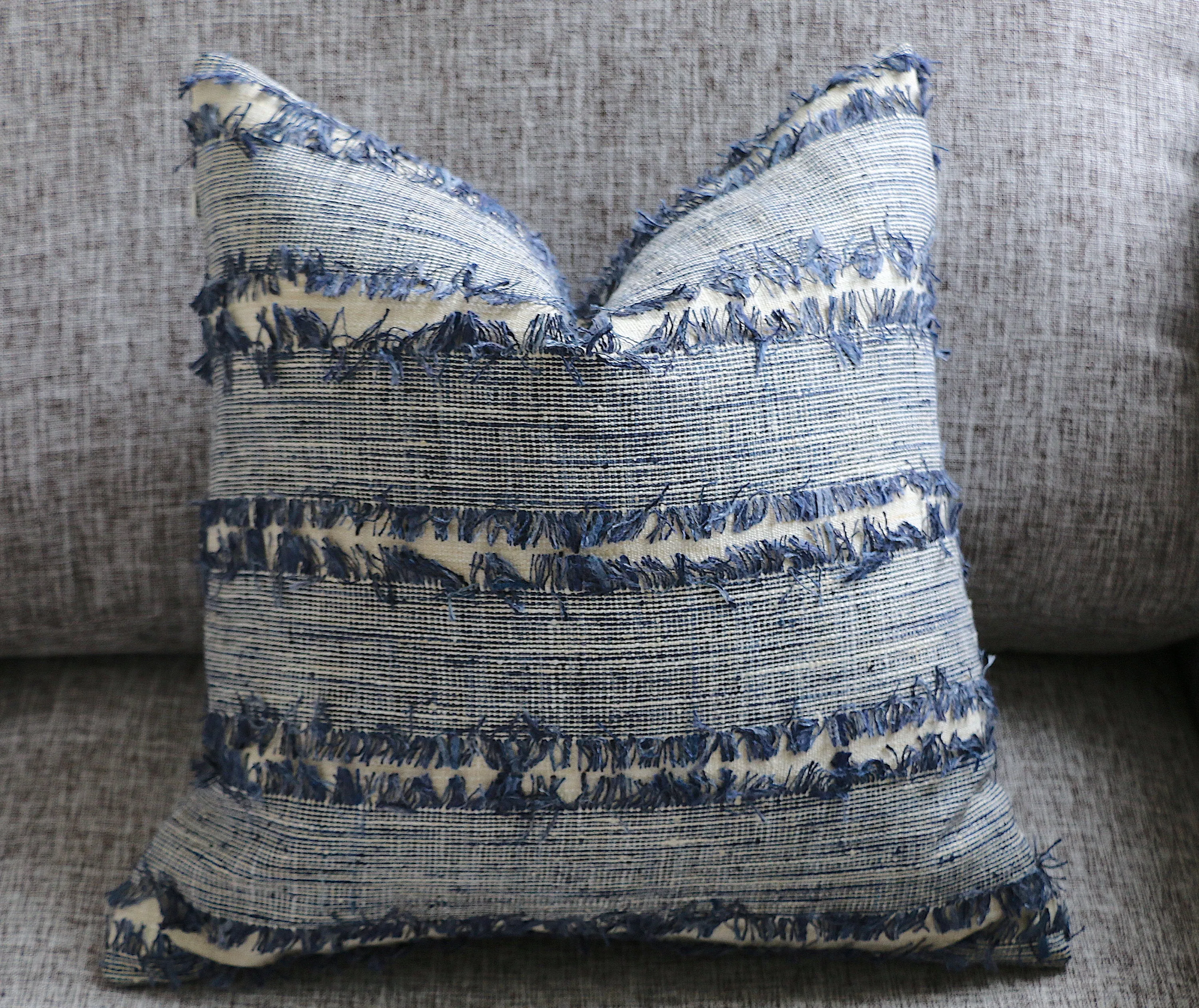 Folk Art Collection / Woven Blue Cushion Cover / Fringed, Patchwork or Blue Ombré Pillow