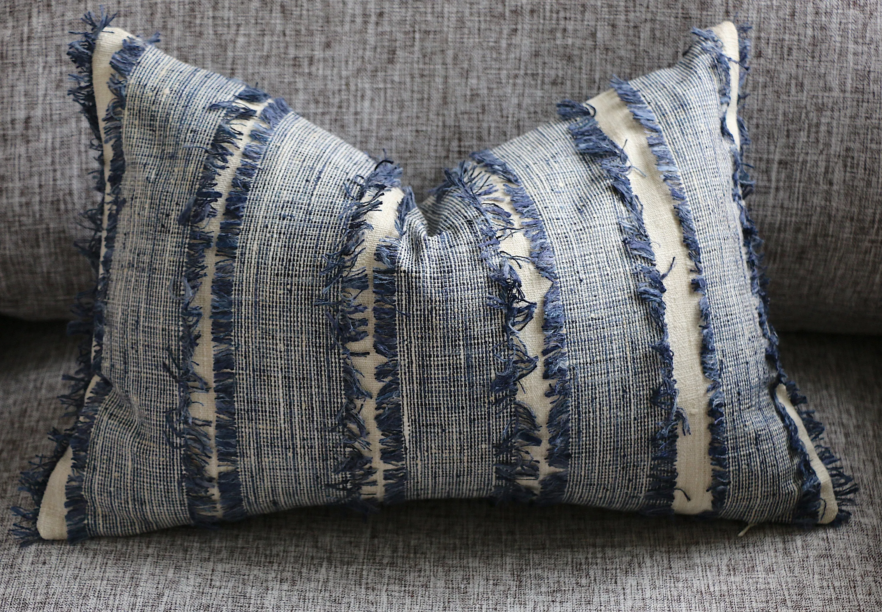 Folk Art Collection / Woven Blue Cushion Cover / Fringed, Patchwork or Blue Ombré Pillow