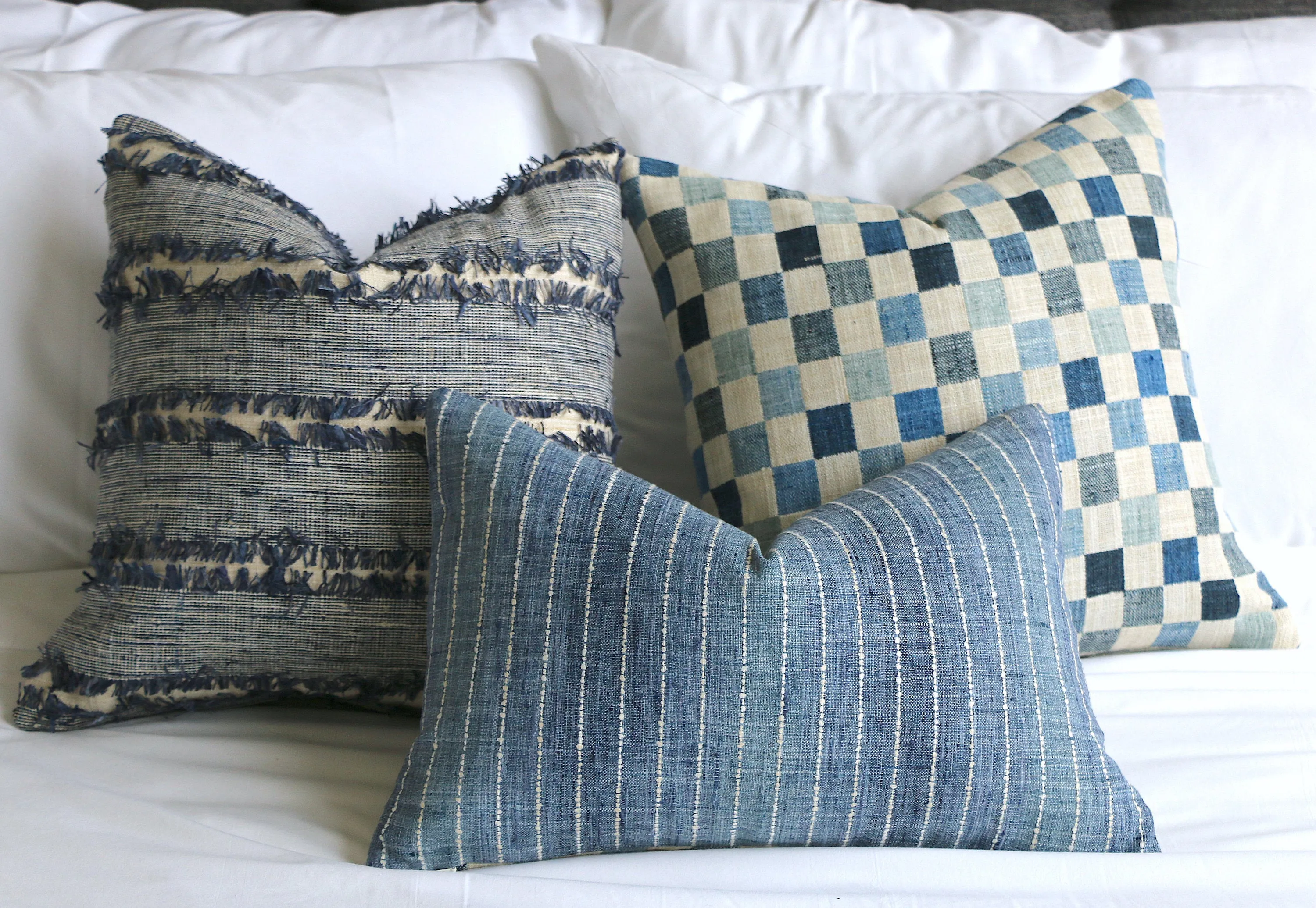 Folk Art Collection / Woven Blue Cushion Cover / Fringed, Patchwork or Blue Ombré Pillow