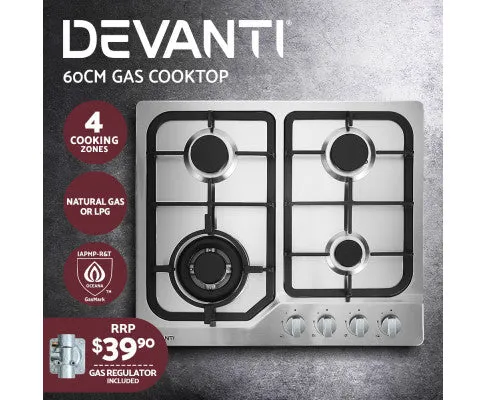 Gas Cooktop 60cm Gas Stove Cooker 4 Burner Konbs NG LPG Steel