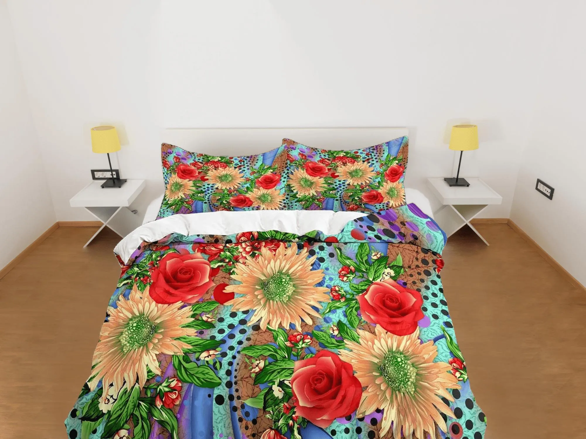 Gerbera daisy and red roses floral duvet cover queen, king, boho duvet, designer bedding, aesthetic bedding, maximalist full size bedding