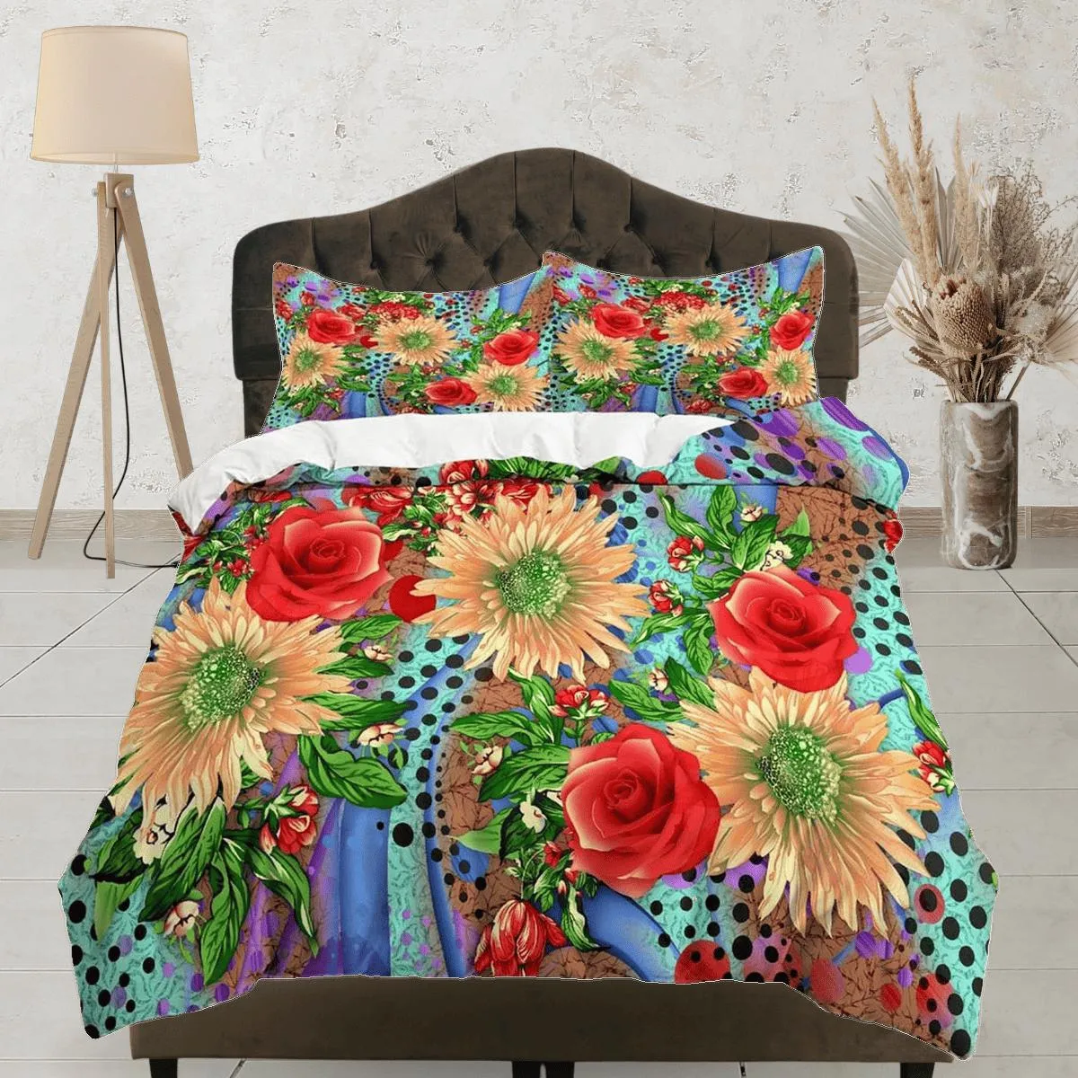 Gerbera daisy and red roses floral duvet cover queen, king, boho duvet, designer bedding, aesthetic bedding, maximalist full size bedding