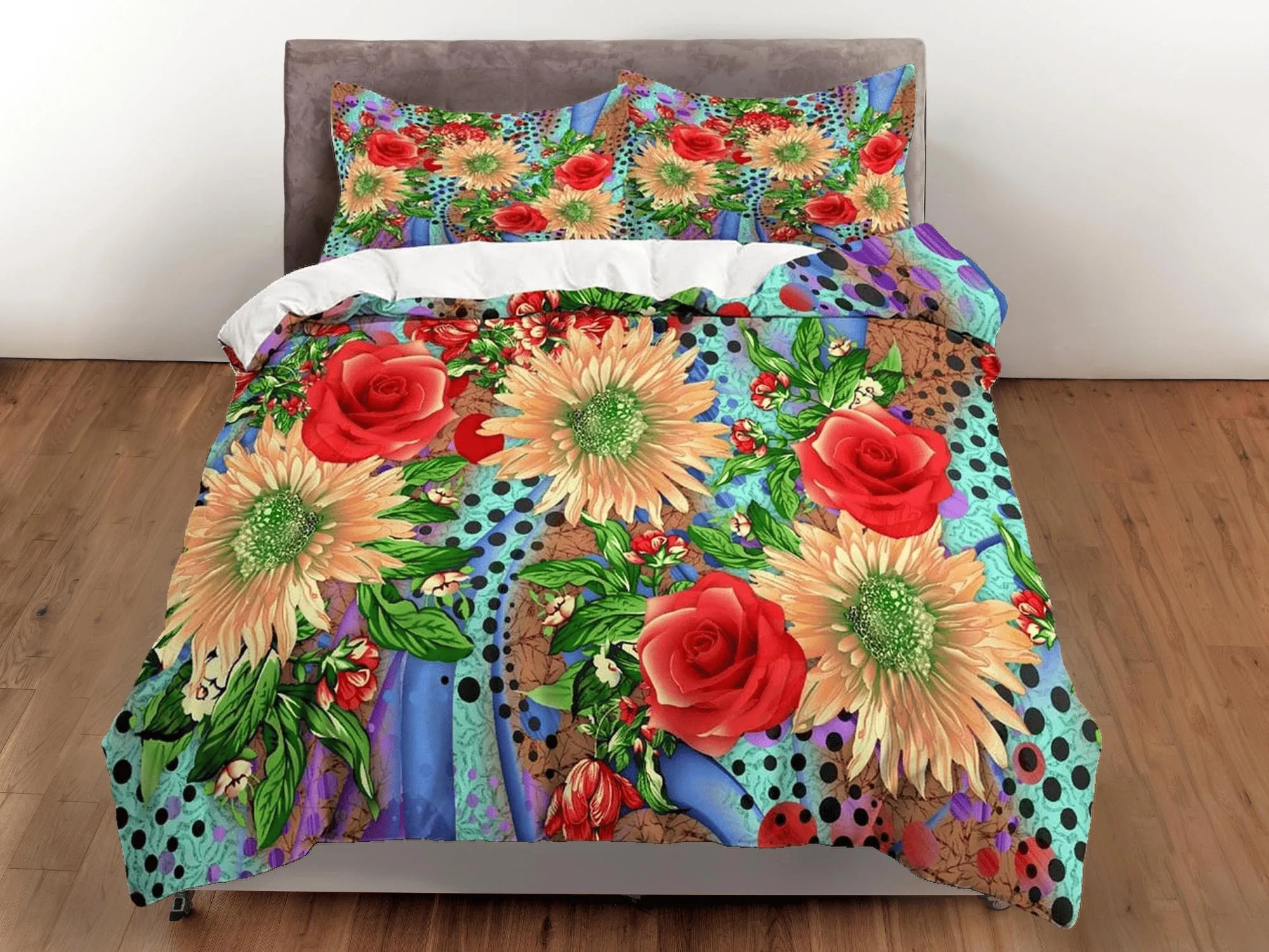 Gerbera daisy and red roses floral duvet cover queen, king, boho duvet, designer bedding, aesthetic bedding, maximalist full size bedding