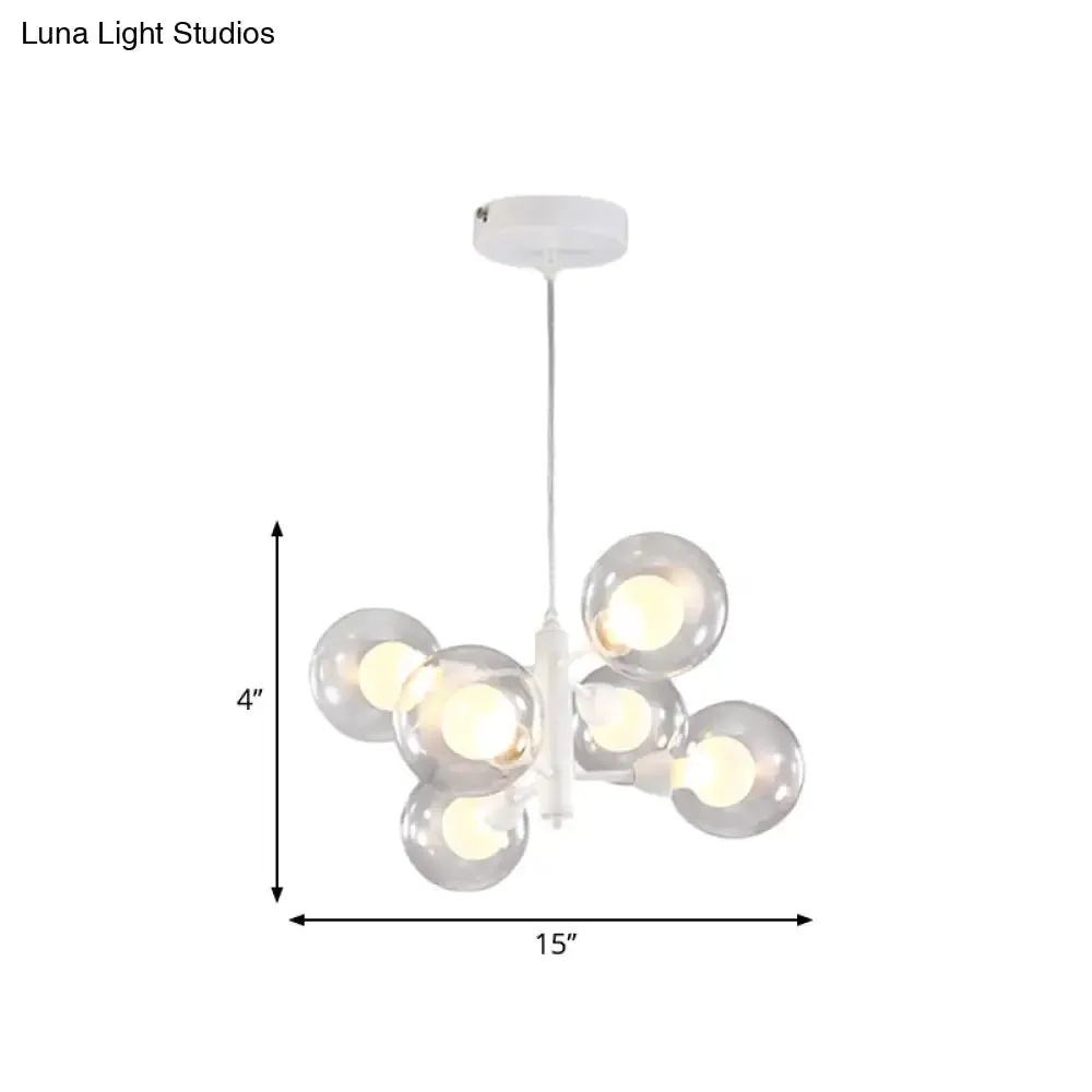 Globe Dining Room Chandelier - Modern LED Hanging Ceiling Light in White - 3/6/9 Clear Glass Lights