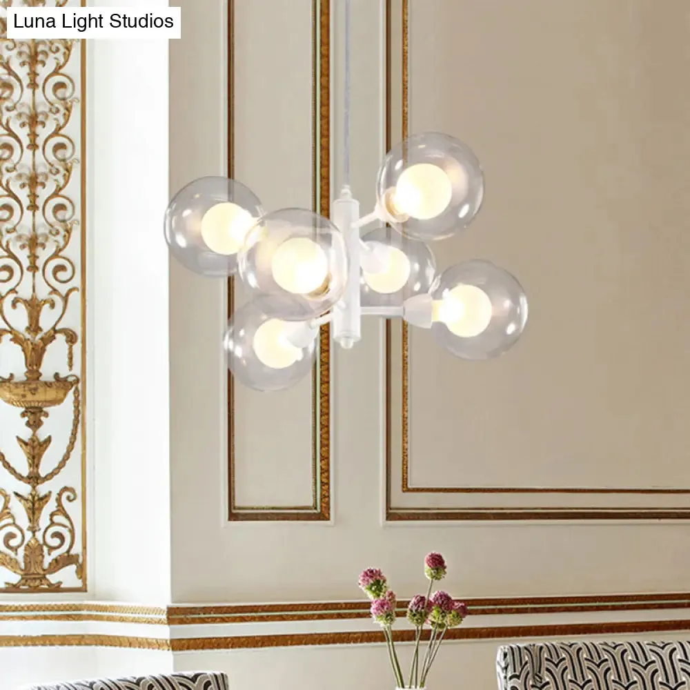 Globe Dining Room Chandelier - Modern LED Hanging Ceiling Light in White - 3/6/9 Clear Glass Lights