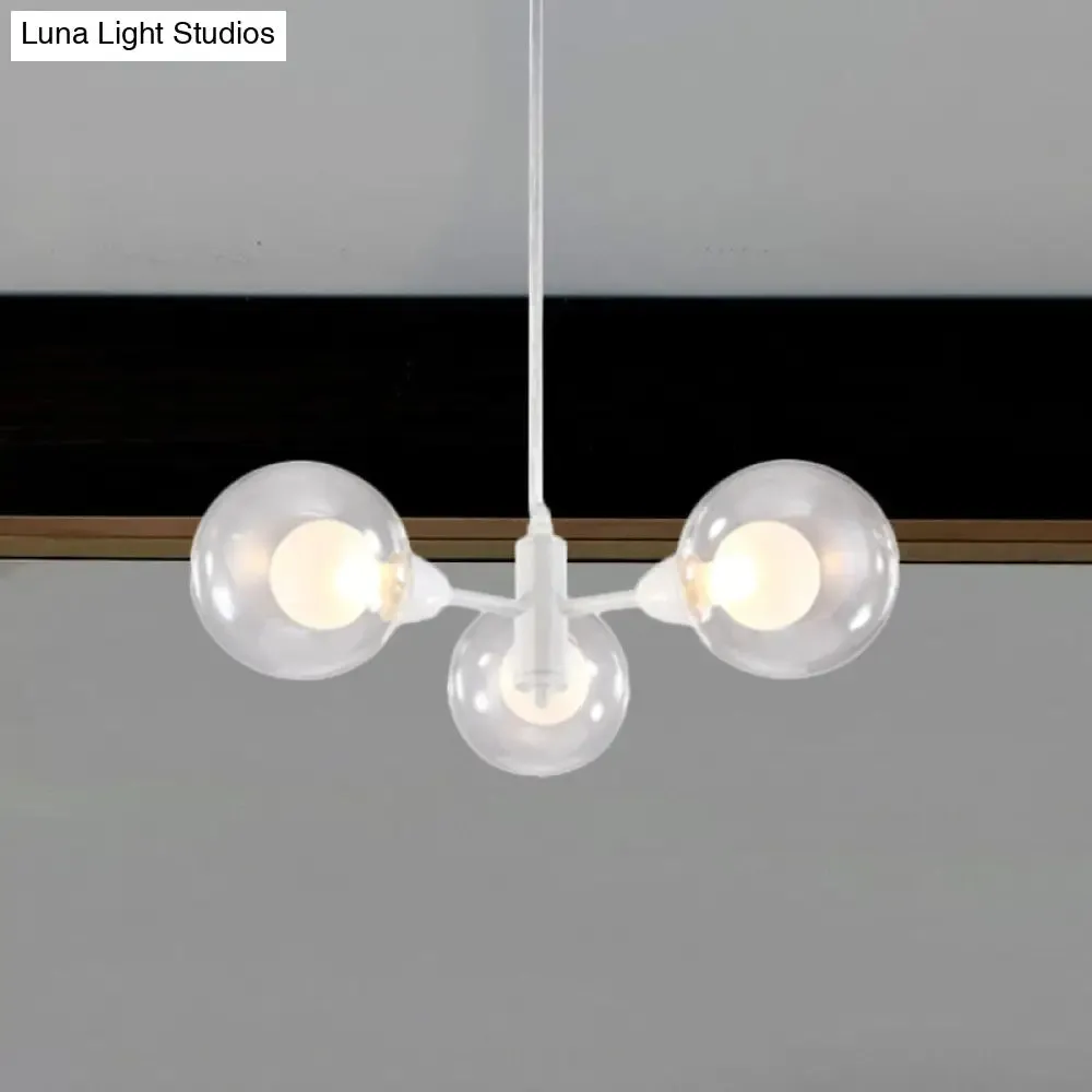 Globe Dining Room Chandelier - Modern LED Hanging Ceiling Light in White - 3/6/9 Clear Glass Lights