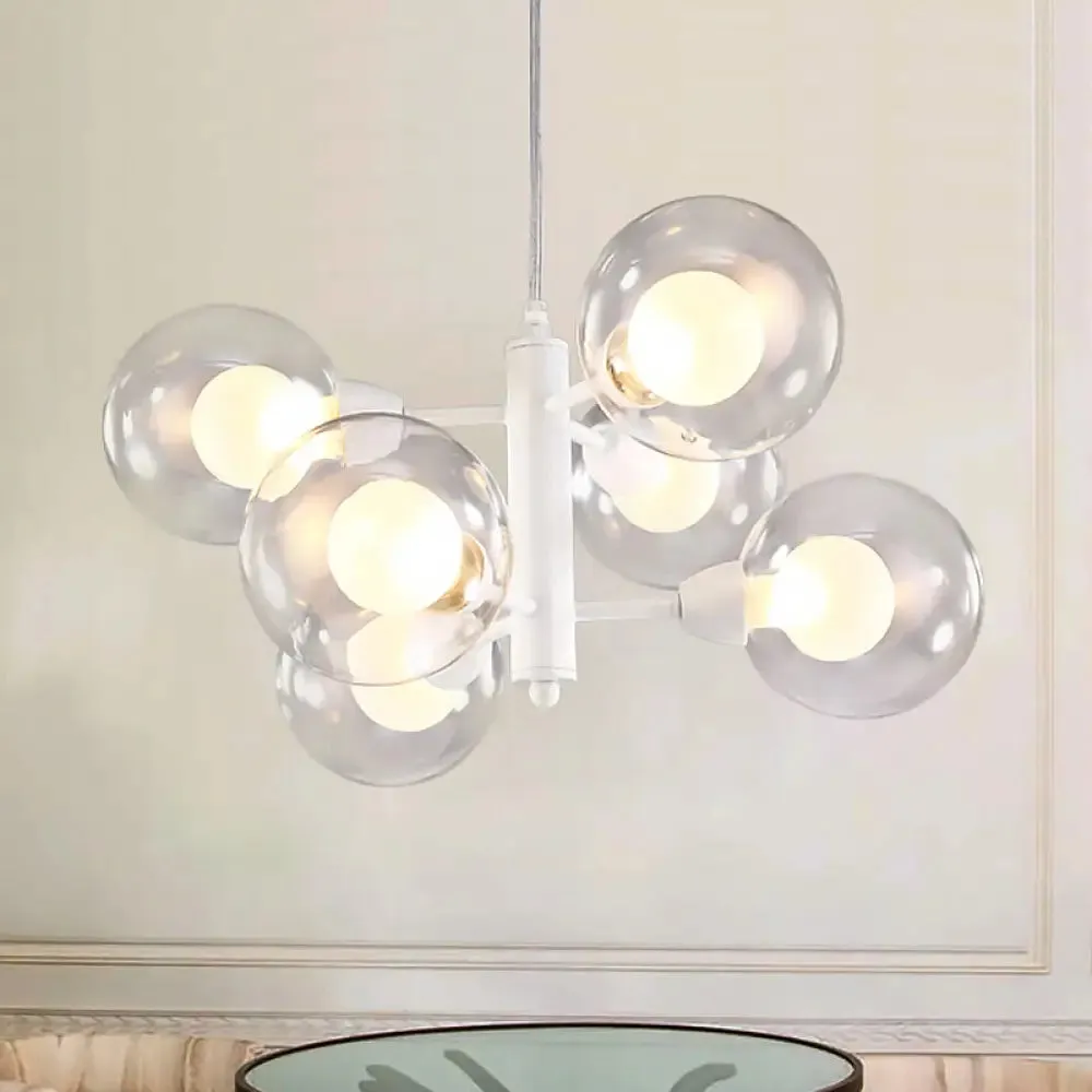 Globe Dining Room Chandelier - Modern LED Hanging Ceiling Light in White - 3/6/9 Clear Glass Lights