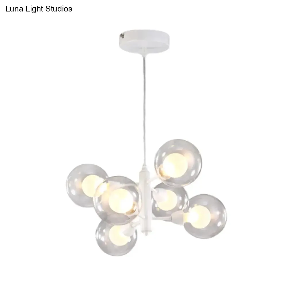 Globe Dining Room Chandelier - Modern LED Hanging Ceiling Light in White - 3/6/9 Clear Glass Lights