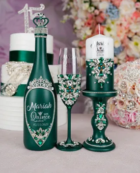 Green with Silver quinceanera package of bottle, glass and candle