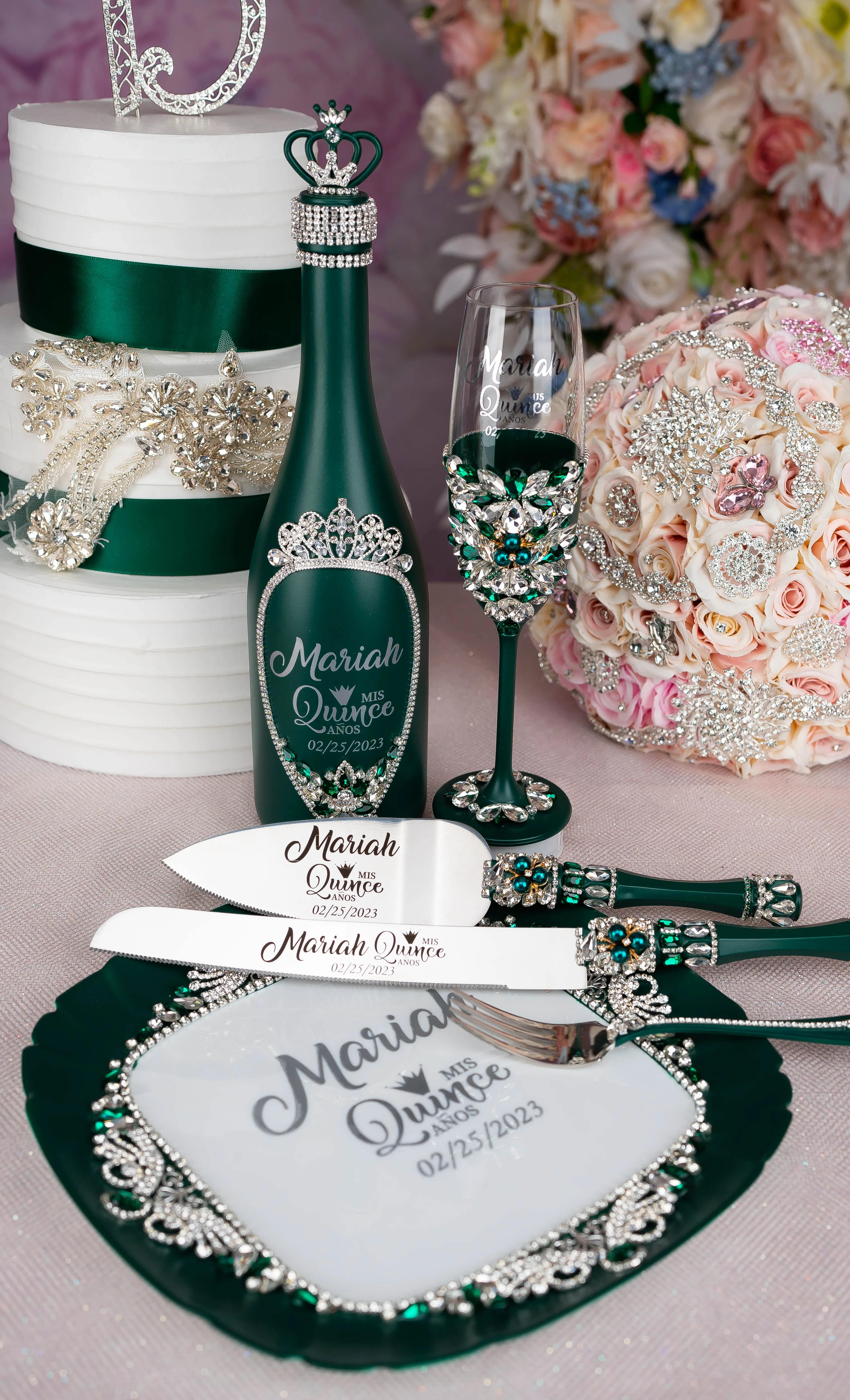 Green with Silver quinceanera package of bottle, glass and candle