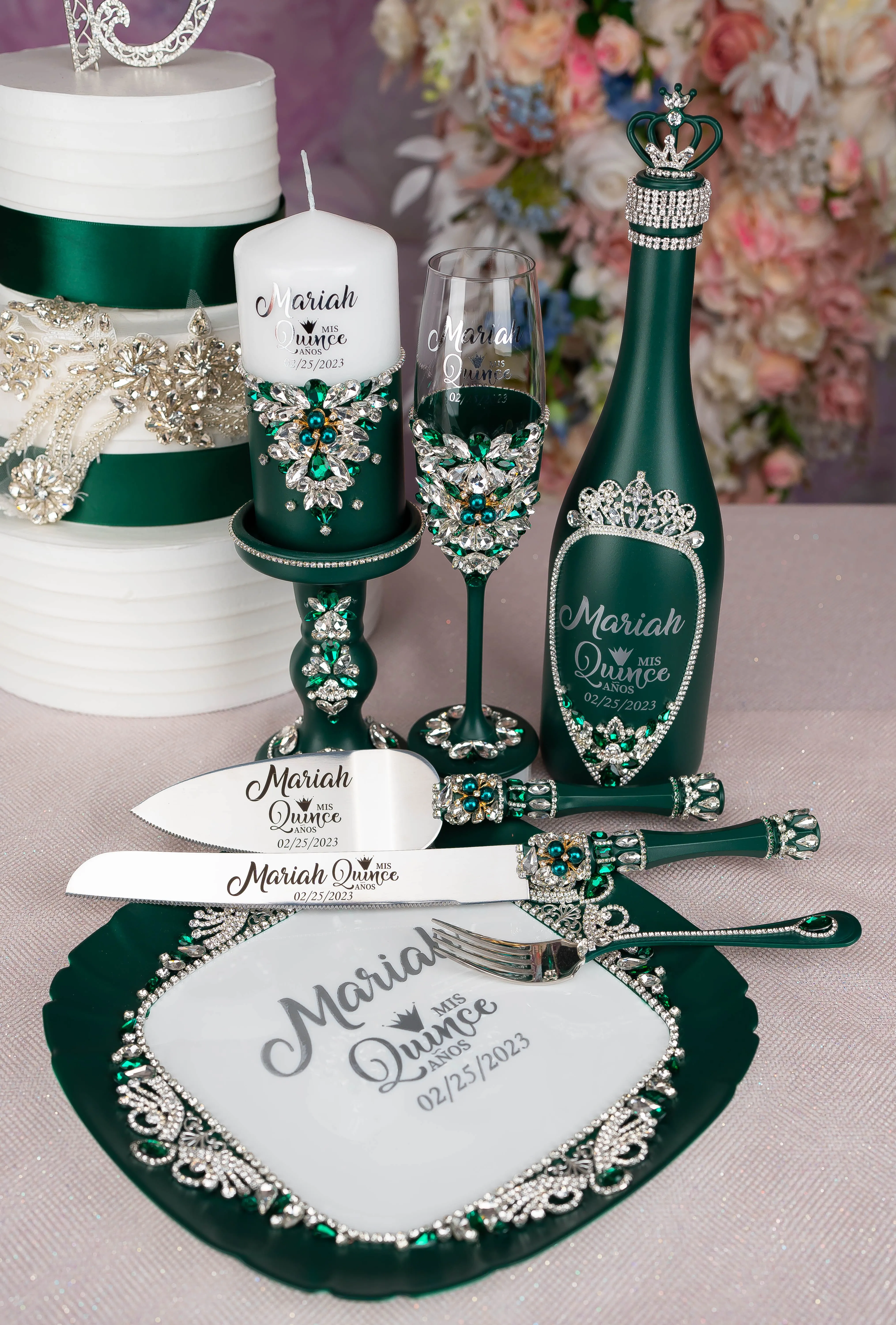 Green with Silver quinceanera package of bottle, glass and candle