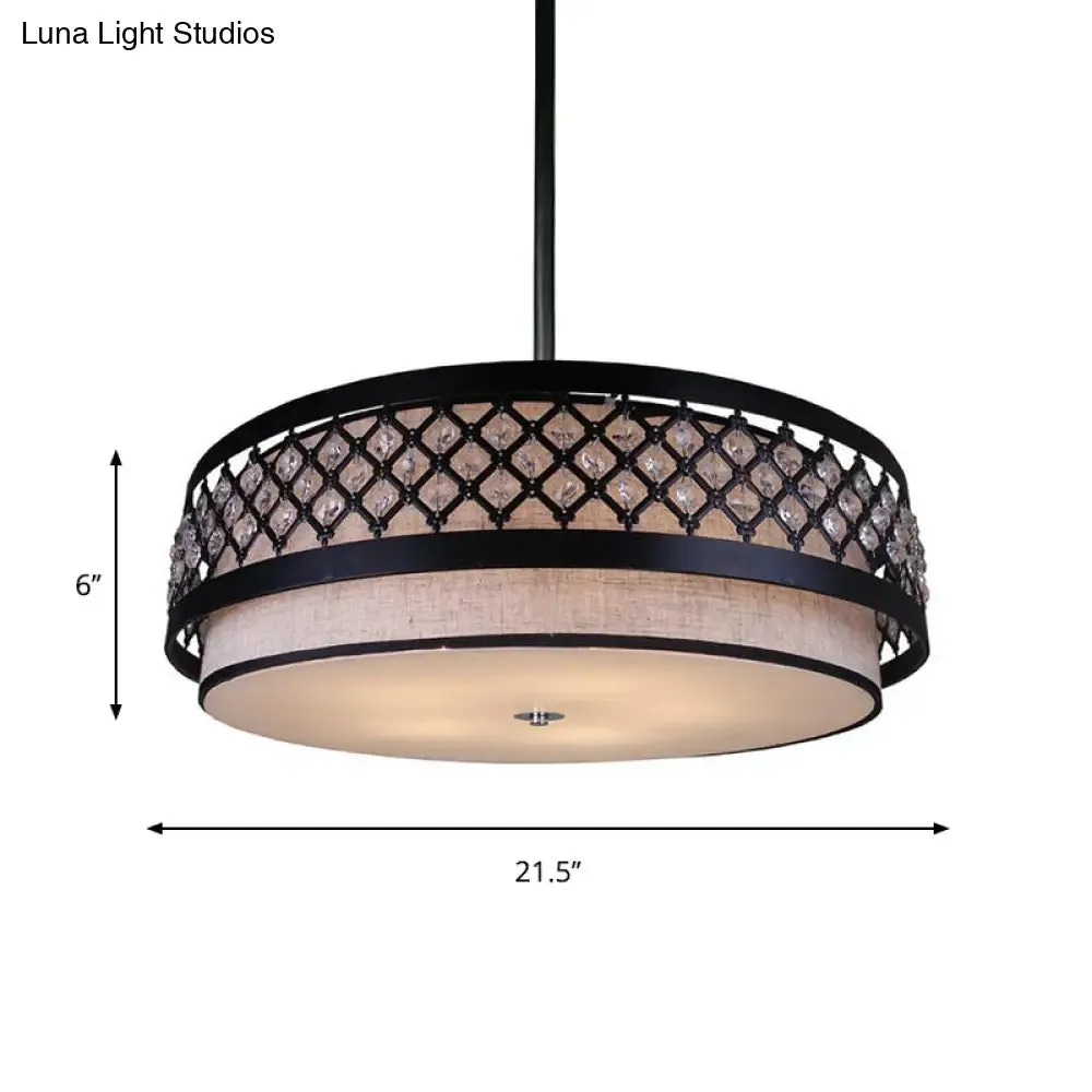 Handcrafted Fabric Drum Pendant Farmhouse Chandelier with Crystal Detailing - 5-Light Bedroom Lighting, Black