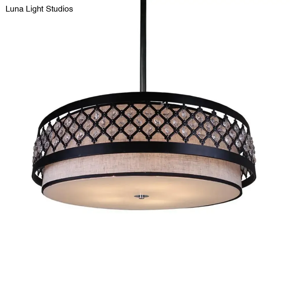 Handcrafted Fabric Drum Pendant Farmhouse Chandelier with Crystal Detailing - 5-Light Bedroom Lighting, Black