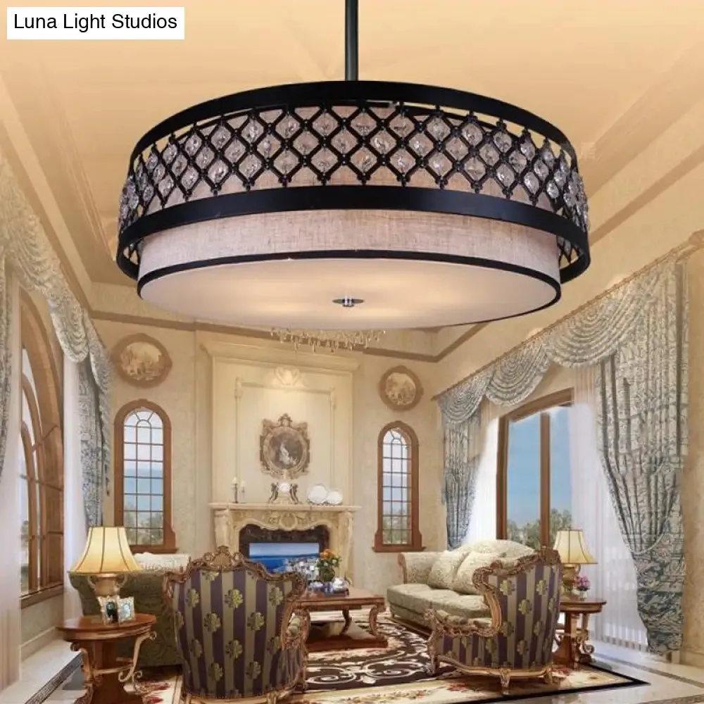 Handcrafted Fabric Drum Pendant Farmhouse Chandelier with Crystal Detailing - 5-Light Bedroom Lighting, Black