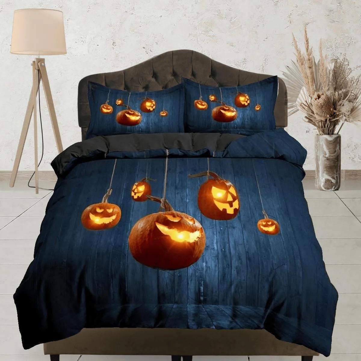 Hanging pumpkin halloween bedding & pillowcase, gothic duvet cover, dorm bedding, goth decor toddler bedding, halloween gift